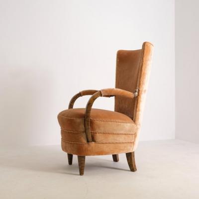 Art Deco Armchair in Curly Flaming Birch and Peach Velvet Finland 1930s