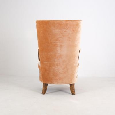 Art Deco Armchair in Curly Flaming Birch and Peach Velvet Finland 1930s