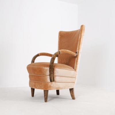 Art Deco Armchair in Curly Flaming Birch and Peach Velvet Finland 1930s