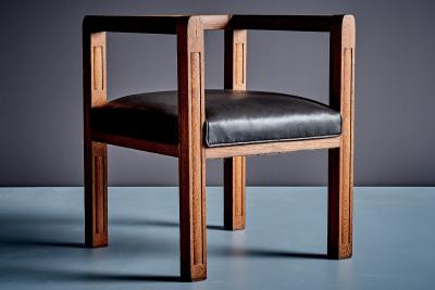 Art Deco Armchair in solid Oak with new upholstered Leather Seat