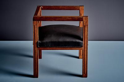 Art Deco Armchair in solid Oak with new upholstered Leather Seat