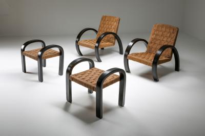 Art Deco Armchair with Ottoman Rush Seating 1940s