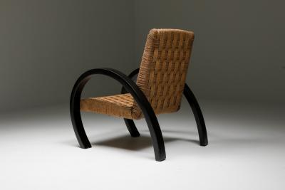 Art Deco Armchair with Ottoman Rush Seating 1940s