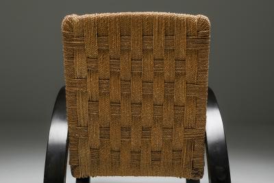 Art Deco Armchair with Ottoman Rush Seating 1940s