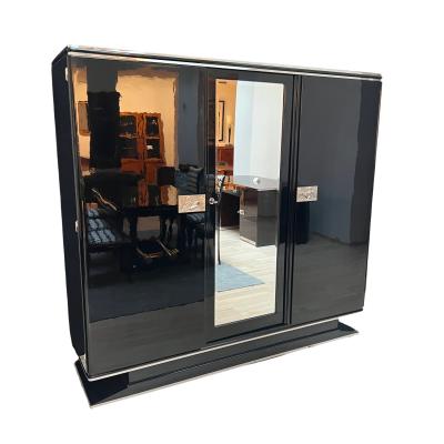 Art Deco Armoire Black Lacquer Mahogany Mirror Chrome France circa 1930