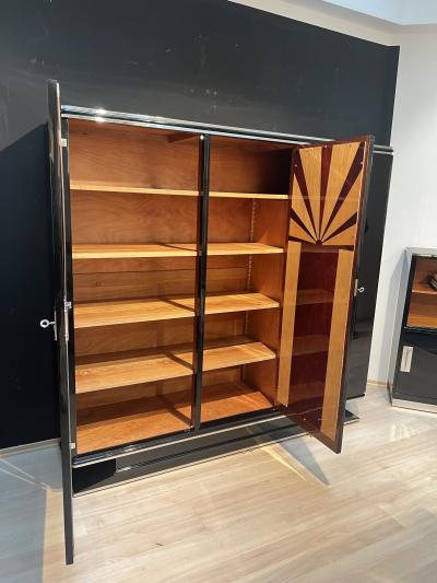 Art Deco Armoire Black Lacquer Mahogany Mirror Chrome France circa 1930