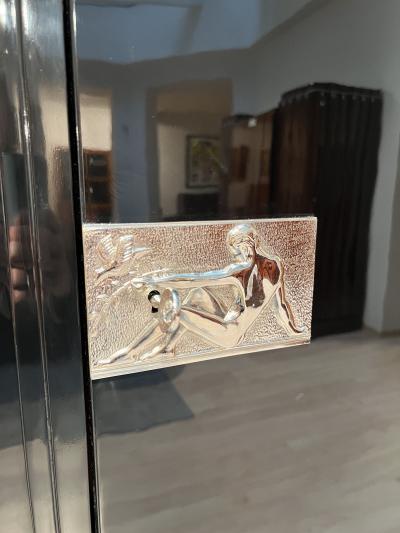 Art Deco Armoire Black Lacquer Mahogany Mirror Chrome France circa 1930