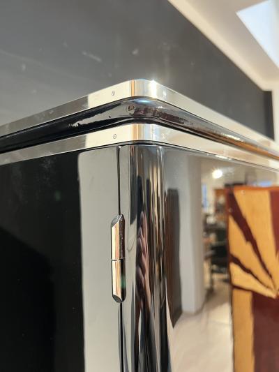 Art Deco Armoire Black Lacquer Mahogany Mirror Chrome France circa 1930