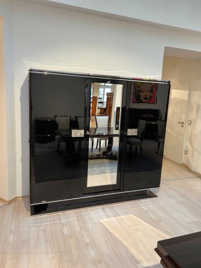 Art Deco Armoire Black Lacquer Mahogany Mirror Chrome France circa 1930