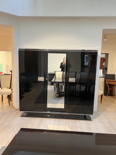 Art Deco Armoire Black Lacquer Mahogany Mirror Chrome France circa 1930
