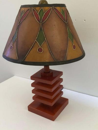 Art Deco Bakelite Catalin and Hand Decorated Shade Lamp