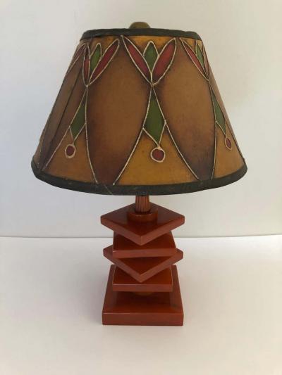 Art Deco Bakelite Catalin and Hand Decorated Shade Lamp