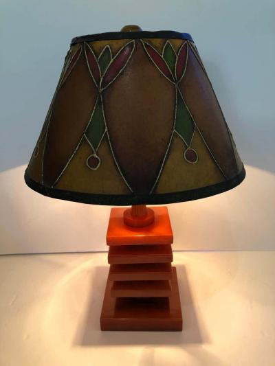 Art Deco Bakelite Catalin and Hand Decorated Shade Lamp