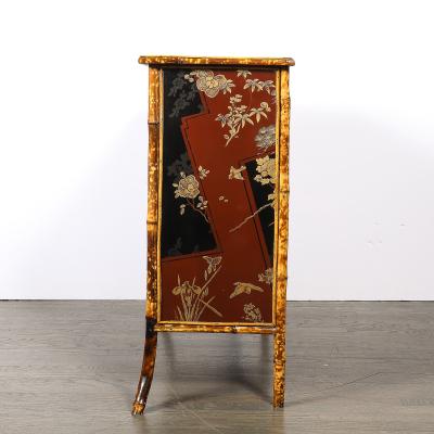 Art Deco Bamboo Cubist Red Black Geometric Detailed Gilt Chinoiserie Cabinet