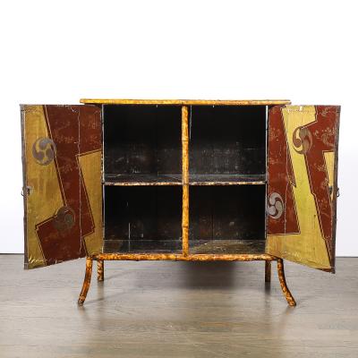 Art Deco Bamboo Cubist Red Black Geometric Detailed Gilt Chinoiserie Cabinet