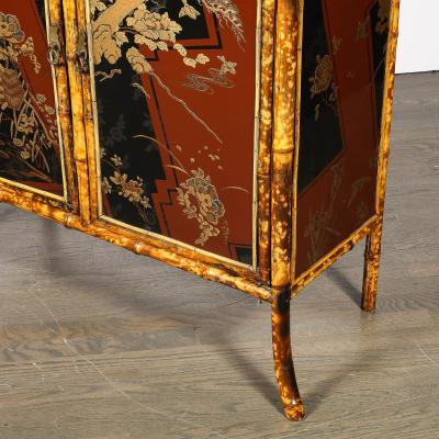 Art Deco Bamboo Cubist Red Black Geometric Detailed Gilt Chinoiserie Cabinet