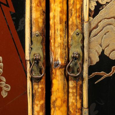 Art Deco Bamboo Cubist Red Black Geometric Detailed Gilt Chinoiserie Cabinet