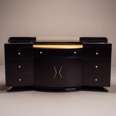 Art Deco Bar Cabinet in High Gloss Piano Black with Brass Hardware Gold Leaf