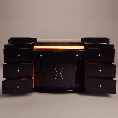 Art Deco Bar Cabinet in High Gloss Piano Black with Brass Hardware Gold Leaf