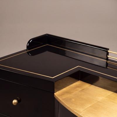 Art Deco Bar Cabinet in High Gloss Piano Black with Brass Hardware Gold Leaf