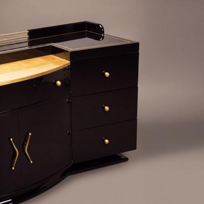 Art Deco Bar Cabinet in High Gloss Piano Black with Brass Hardware Gold Leaf