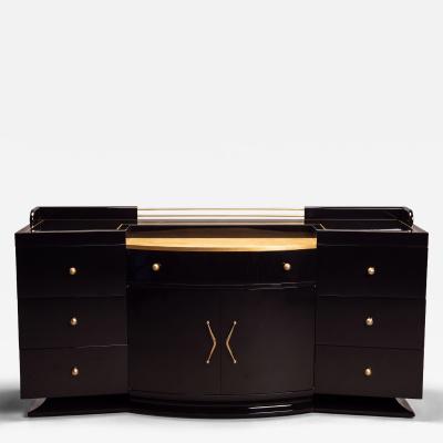 Art Deco Bar Cabinet in High Gloss Piano Black with Brass Hardware Gold Leaf