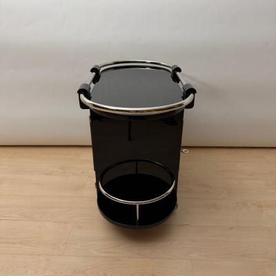 Art Deco Bar Cart Black Lacquer Chrome Maple France circa 1930