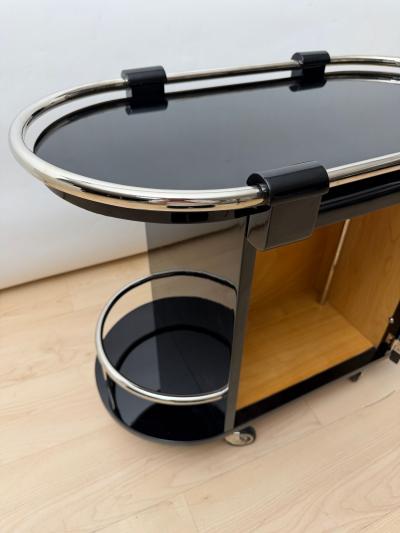 Art Deco Bar Cart Black Lacquer Chrome Maple France circa 1930
