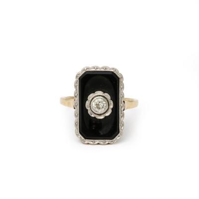 Art Deco Bi Color Gold Black Onyx and Diamond Ring