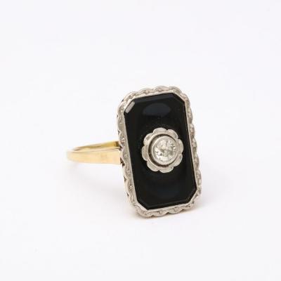 Art Deco Bi Color Gold Black Onyx and Diamond Ring