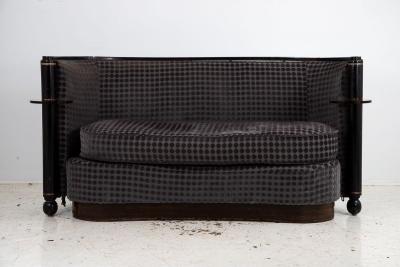 Art Deco Blue Velvet Sofa with Attached Lucite Drinks Tables France 1930s