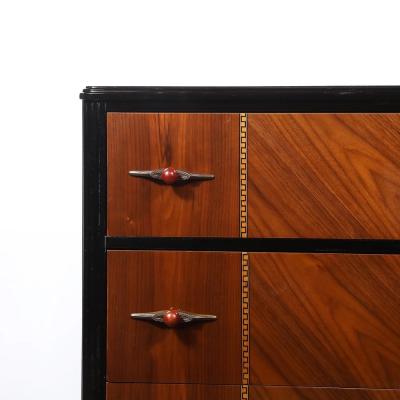 Art Deco Book Matched Walnut Black Lacquer Detailed Chest w Bakelite Pulls