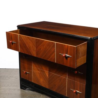 Art Deco Book Matched Walnut Black Lacquer Detailed Chest w Bakelite Pulls