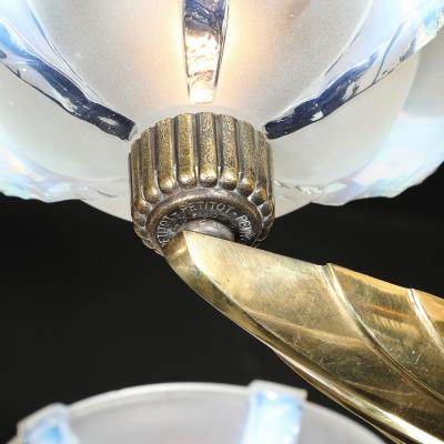 Art Deco Brass Petitot Chandelier w Glass Rods Opalescent Glass Shades