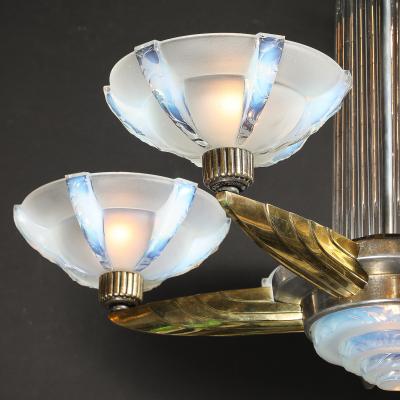 Art Deco Brass Petitot Chandelier w Glass Rods Opalescent Glass Shades