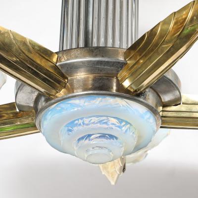 Art Deco Brass Petitot Chandelier w Glass Rods Opalescent Glass Shades