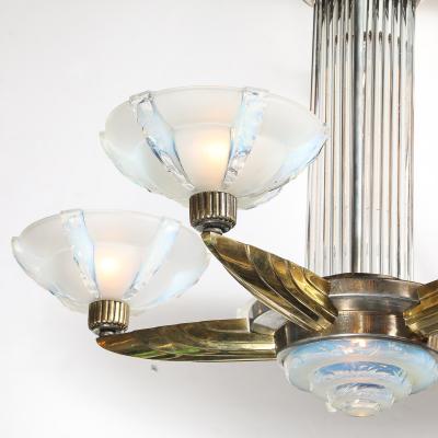 Art Deco Brass Petitot Chandelier w Glass Rods Opalescent Glass Shades
