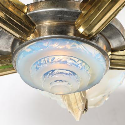 Art Deco Brass Petitot Chandelier w Glass Rods Opalescent Glass Shades