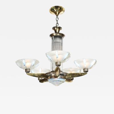 Art Deco Brass Petitot Chandelier w Glass Rods Opalescent Glass Shades