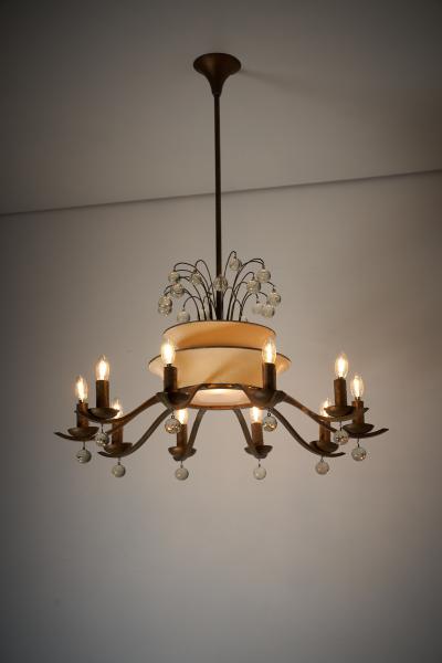 Art Deco Brass and Glass Ten Arm Chandelier with Glass Beads