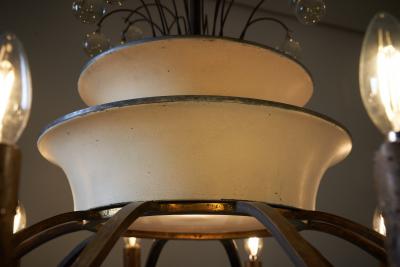 Art Deco Brass and Glass Ten Arm Chandelier with Glass Beads