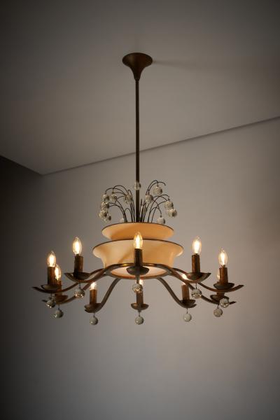 Art Deco Brass and Glass Ten Arm Chandelier with Glass Beads