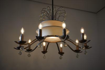 Art Deco Brass and Glass Ten Arm Chandelier with Glass Beads