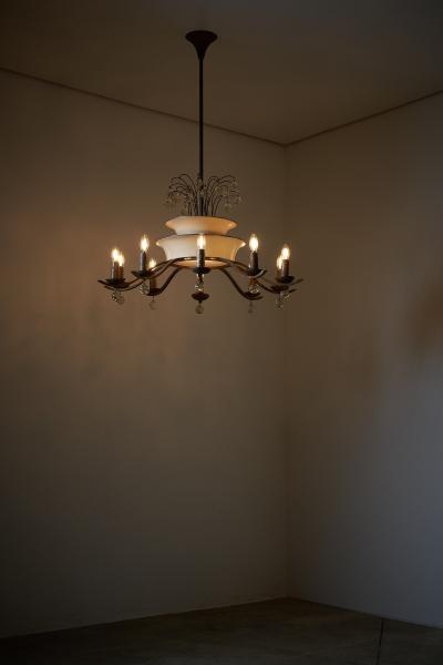 Art Deco Brass and Glass Ten Arm Chandelier with Glass Beads