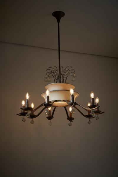 Art Deco Brass and Glass Ten Arm Chandelier with Glass Beads