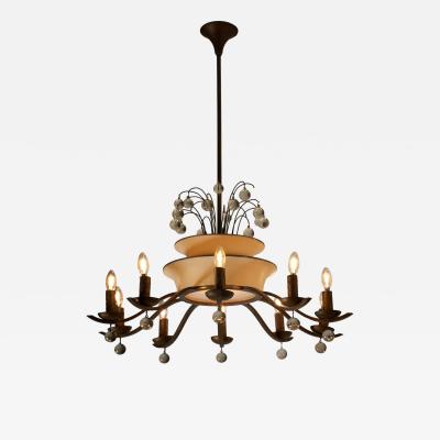 Art Deco Brass and Glass Ten Arm Chandelier with Glass Beads