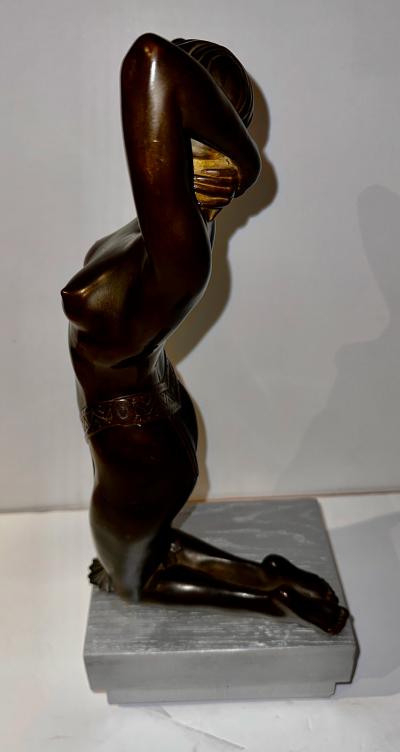Art Deco Bronze Female Statue Egyptian Inspired Headdress and Waist Treatment