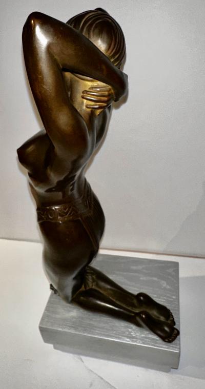 Art Deco Bronze Female Statue Egyptian Inspired Headdress and Waist Treatment