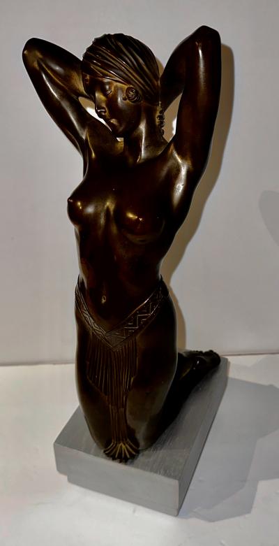 Art Deco Bronze Female Statue Egyptian Inspired Headdress and Waist Treatment