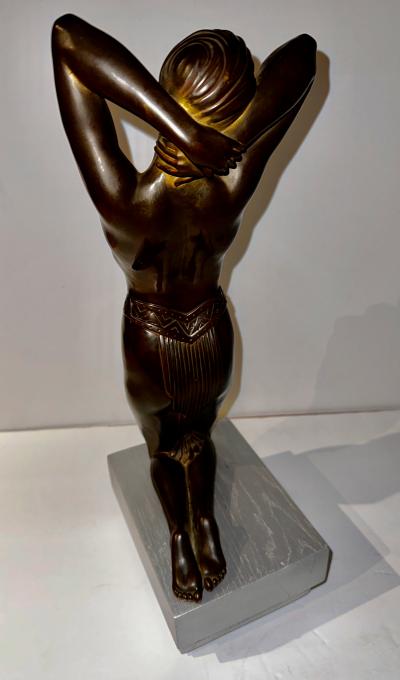 Art Deco Bronze Female Statue Egyptian Inspired Headdress and Waist Treatment